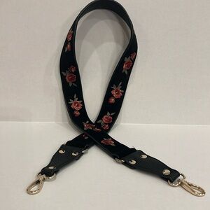 Floral Embroidered Black Leather Bag Strap